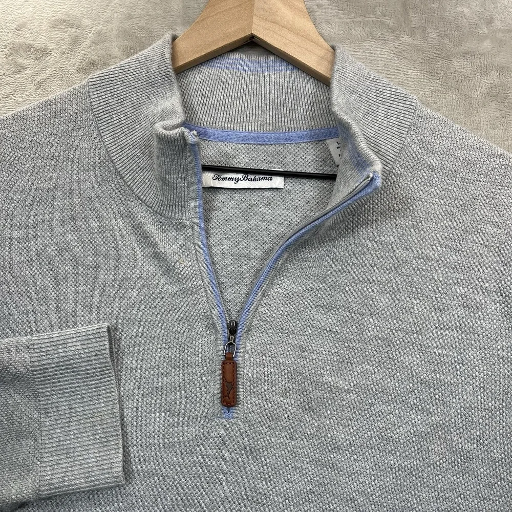 Tommy Bahama‎ Sweater L Quarter Zip Mens Gray Cotton Coolmax Polyester